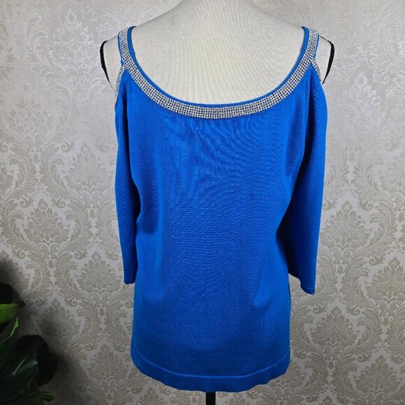 Belldini Size Large Cobalt/Royal Blue Cold Shoulder Knit with Rhinestone Accents - Picture 6 of 13